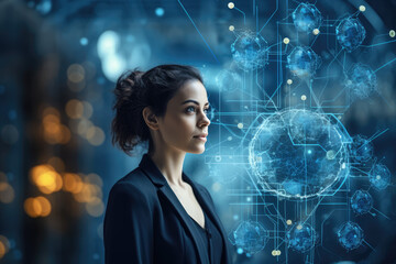 Poster - Side view of young businesswoman in glasses and suit working with virtual interface