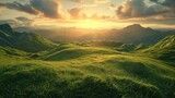 Fototapeta Góry - The sun dips below the horizon, casting its warm light across a mesmerizing landscape of lush, green rolling hills under a dynamic sky.