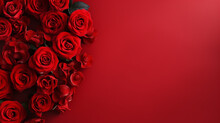 Valentine's Day Banner With Blank Space For Text Top View Red Background, Red Rose, And Love Background Concept