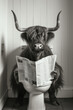 highland cow sitting on the toilet reading a newspaper
