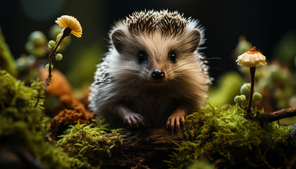 Poster - Cute hedgehog looking at camera in green grass generated by AI