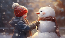 Cute Little Girl Is Building An Amazing Snowman