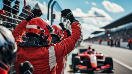 Team of mechanics happy at their drivers victory.