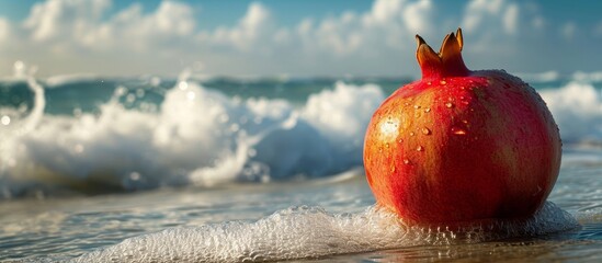Wall Mural - Discover the Exquisite Pomegranate Fruit in Vibrant Seascape Surroundings: Pomegranate, Fruit, and Seas Harmoniously Blend in this Stunning Image