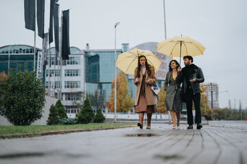 Sticker - Group of friends walking with yellow umbrellas on a rainy city day.