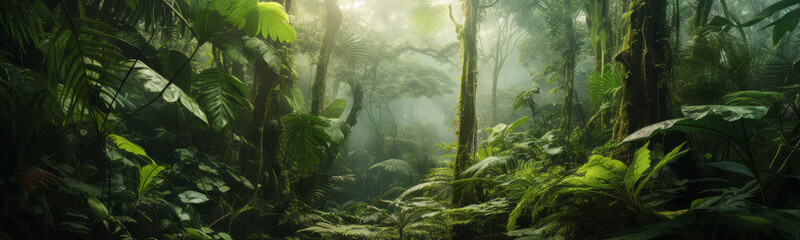 Background Deep forest tropical jungles of Southeast Asia with fog. Mystical amazon banner fantasy backdrop, Realistic nature rainforest