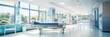 Airy hospital ward with two empty beds, large windows, and medical equipment, banner interior.