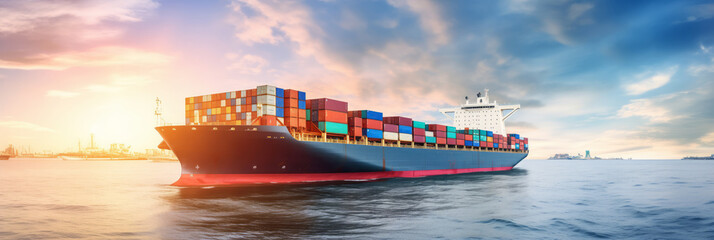 Wall Mural - Cargo maritime ship with container in water ocean, sunset. Concept banner logistic shipping export, import