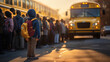 An American school bus driver waits as children eagerly line up to board