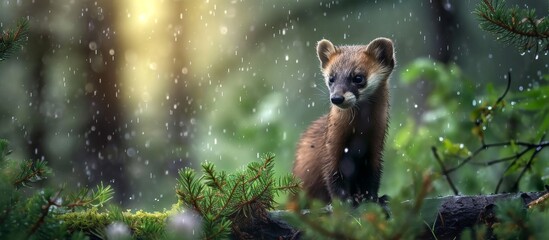 Poster - Enchanting Pine Marten on a Rainy Day: A Delightful Encounter Amidst the Serene Pine Forest