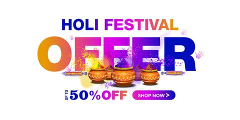 Sticker - Holi sale and shopping web banner background. 50% off offer deal discount advertisement design. color pot and colorful color splash.