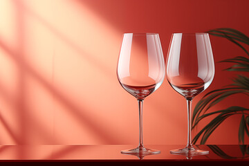 Two glasses of wine on an orange background. Copy space.