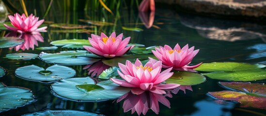 Wall Mural - pink lily blooms reflect in tranquil water of a scenic pond: a serene pink lily pond display with gr