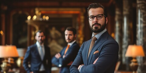 Handsome man, along with his team of startup managers, standing in the opulent backdrop of a luxury office.