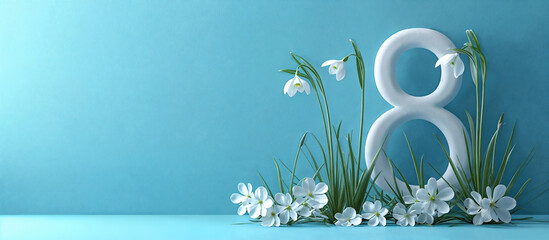 Wall Mural - International Women's Day. Banner, flyer, postcard. White number 8 with white spring flowers on a blue background and empty space. Generative AI