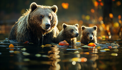 Poster - Cute mammal family playing in water, looking at camera generated by AI