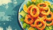 Colorful Digital Art Illustration of Fried Calamari Rings with Lemon Wedges