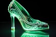 Neon women shoe in glossy and green color. elegant design of women shoe with high heel consisting of neon outlines, with backlight on the bright background