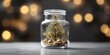 minimalistic design Christmas and new year concept, Close-up, Elegant Christmas tree in glass jar with bokeh