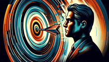 A Stylized Portrait Of A Man In Profile With A Dart Hitting The Bullseye On A Target That Blends With His Head, Symbolizing Precision, Focus, And Goals.Business Concept. AI Generated.