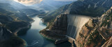 Fototapeta  - Majestic dam curves across a river gorge, a marvel of engineering amidst the grandeur of mountainous terrain