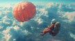 A daring businessman defies gravity, embracing the thrill of the open sky as he gracefully descends with his trusty parachute from a vibrant hot air balloon