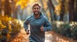 A solitary figure dashes through a colorful autumn park, his clothing blending with the surrounding trees as he embraces the freedom and energy of a brisk run