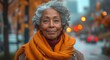 © Larisa AI - A vibrant woman with a warm smile and a bold sense of style, sporting a grey mane and an orange scarf, stands confidently on the bustling city street