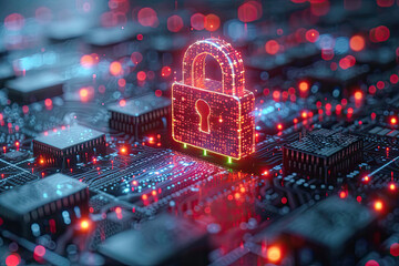 Digital padlock for computing system on dark blue background, cyber security technology for fraud prevention and privacy data network protection concept.Generative AI