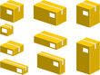 3D illustration of various types and sizes of closed and labeled packaging boxes isolated on transparent background