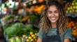A vibrant woman proudly showcases her locally-sourced, natural whole foods with a genuine smile, embodying the essence of a healthy, sustainable lifestyle at the bustling market