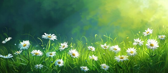 Wall Mural - serene summer meadow: vibrant green background with white daisies amidst lush green meadow
