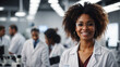 Beautiful young woman scientist wearing white coat and glasses in modern Medical Science Laboratory with Team of Specialists on background, space for text