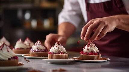 Close-up of a pastry chef's hands decorating delicious desserts in a pastry shop.