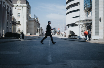 A stylish man in business attire briskly walks across a city street with classic and modern architecture surrounding him.