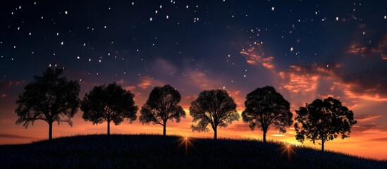 Wall Mural - majestic dark sky captured by silhouetted line of trees on a serene hill