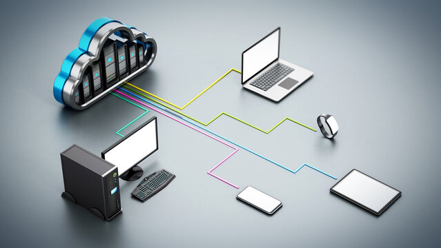 Smart devices connected to the cloud shaped servers. Cloud computing diagram. 3D illustration