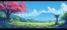 Pixel Art Landscape Featuring A Vibrant Cherry Blossom Tree And Traditional Torii Gate With A Majestic Mountain Backdrop, Exuding Peace And Natural Beauty In A Serene Outdoor Setting.