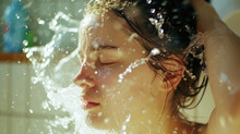Girl Washes Herself In Shower Early In Morning. Close-up Of Face With Splashing Water. 