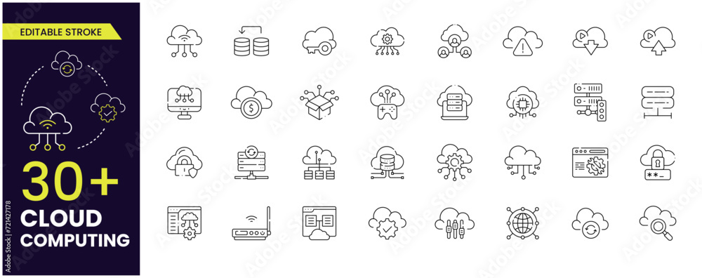 Cloud computing editable stroke icons related to cloud services, server ...