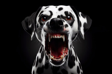 angry dalmatian dog isolated on solid black background, rim atmosphere light. ai generative