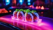  Neon Glowing Sushi, a plate of sushi that glows under UV light, creating a vibrant and futuristic 