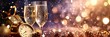 champagne glasses and a clock with bokeh background for new years eve banner