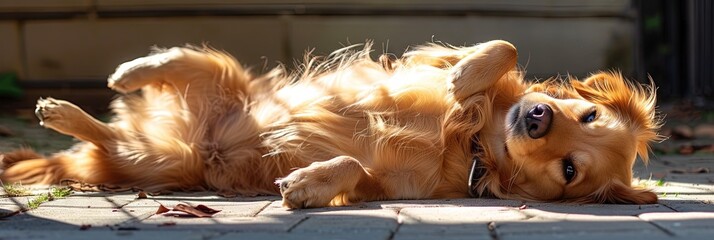 Wall Mural - Adorable golden retriever laying on his back - what a good boy