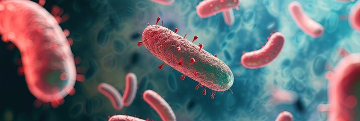 Microbiology with microbes attacking red and white blood cells and platelets 