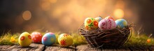 Colorful Easter eggs with pastel spring decor