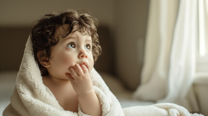 Poster - toddler wrapped in a white towel or blanket is looking upwards with a thoughtful or curious expression, bathed in soft, natural light