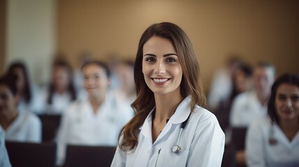 Wall Mural - Capturing the essence of confidence and professionalism, a female doctor or nurse stands in the front row of a medical training class or seminar room, smiling cheerfully, with ample copy space