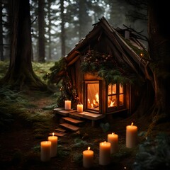 Poster - candles in the church , A shy deer peeks out from behind a bush, while the forest hut is lit by a cozy fire and candles.