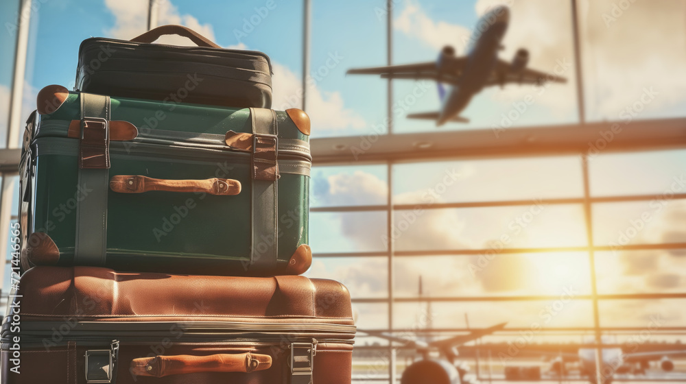 Stack of traveling luggage in airport terminal and passenger plane ...